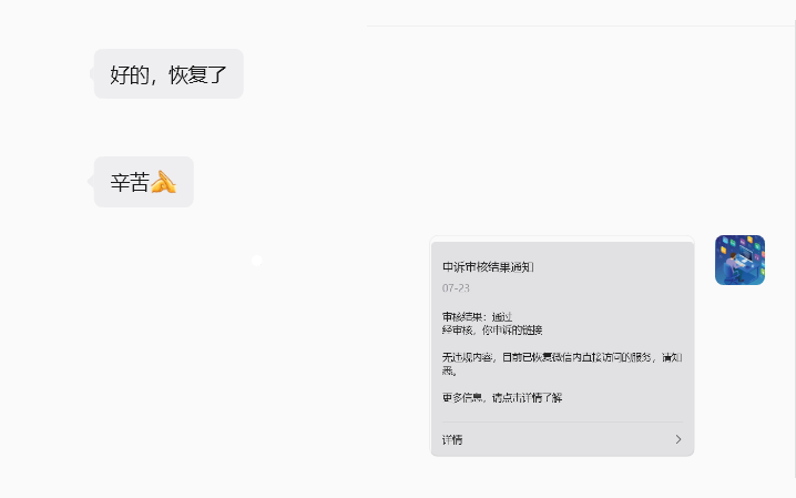 沟通记录：平台申诉审核通过（07-23），客户方在群内确认已恢复正常。